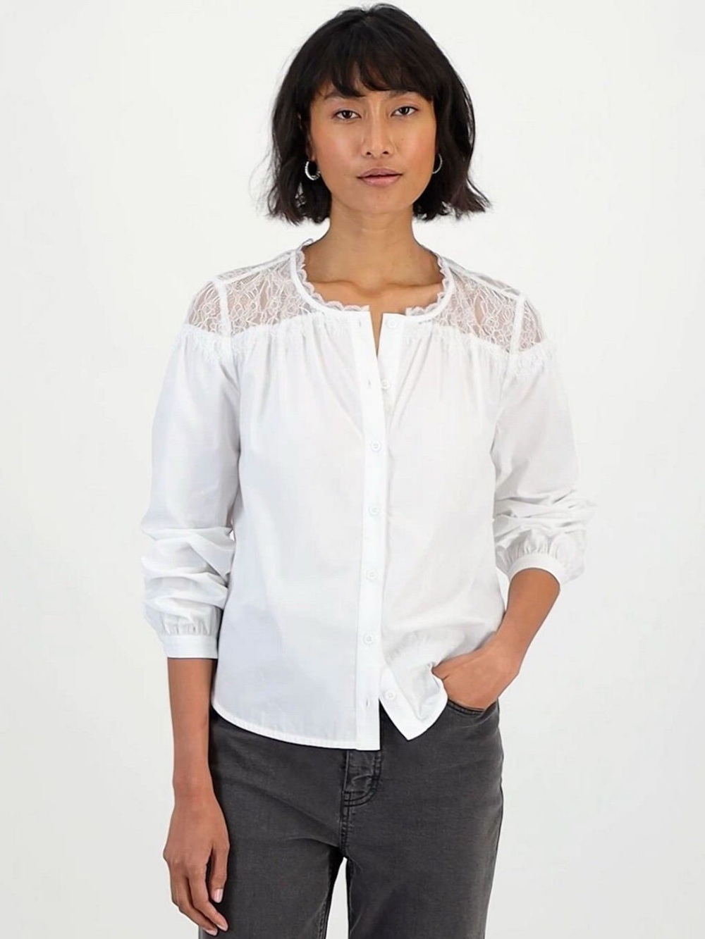 White Lace Yoke Button-Down Blouse - ON & ON